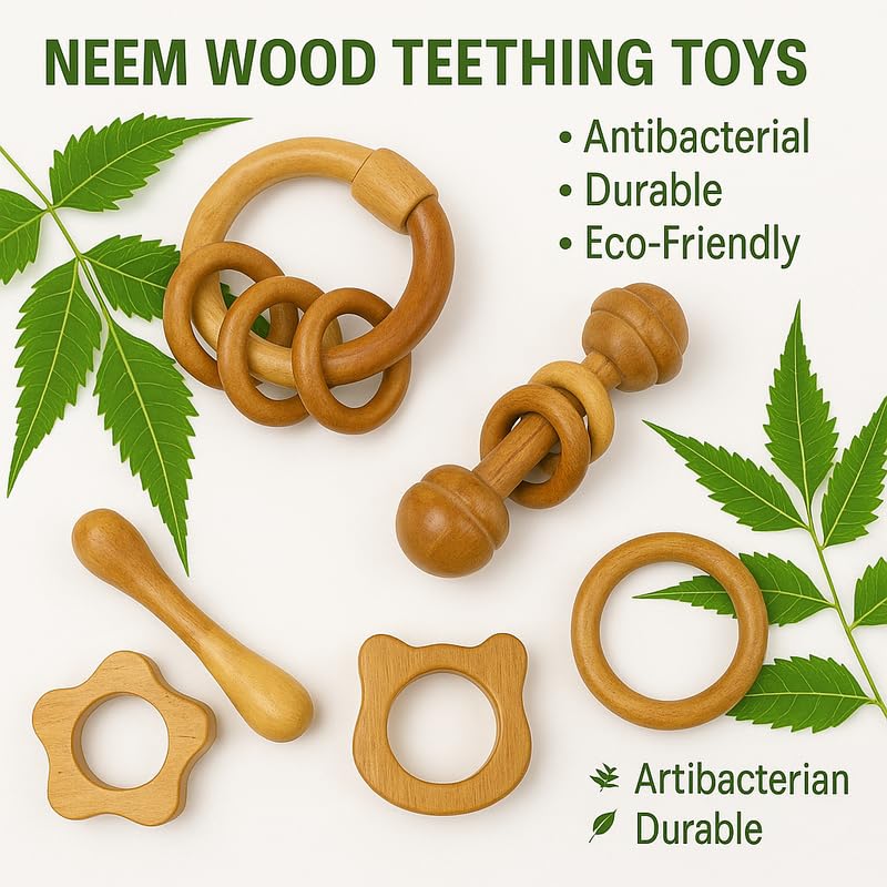 Organic Neem Wood 6 Shape Teether Combo for Baby - 1 Ring, 1 Dumbbell, 2 Rattle, 1 Sun, 1 Cat - Safe Natural Teething Toys