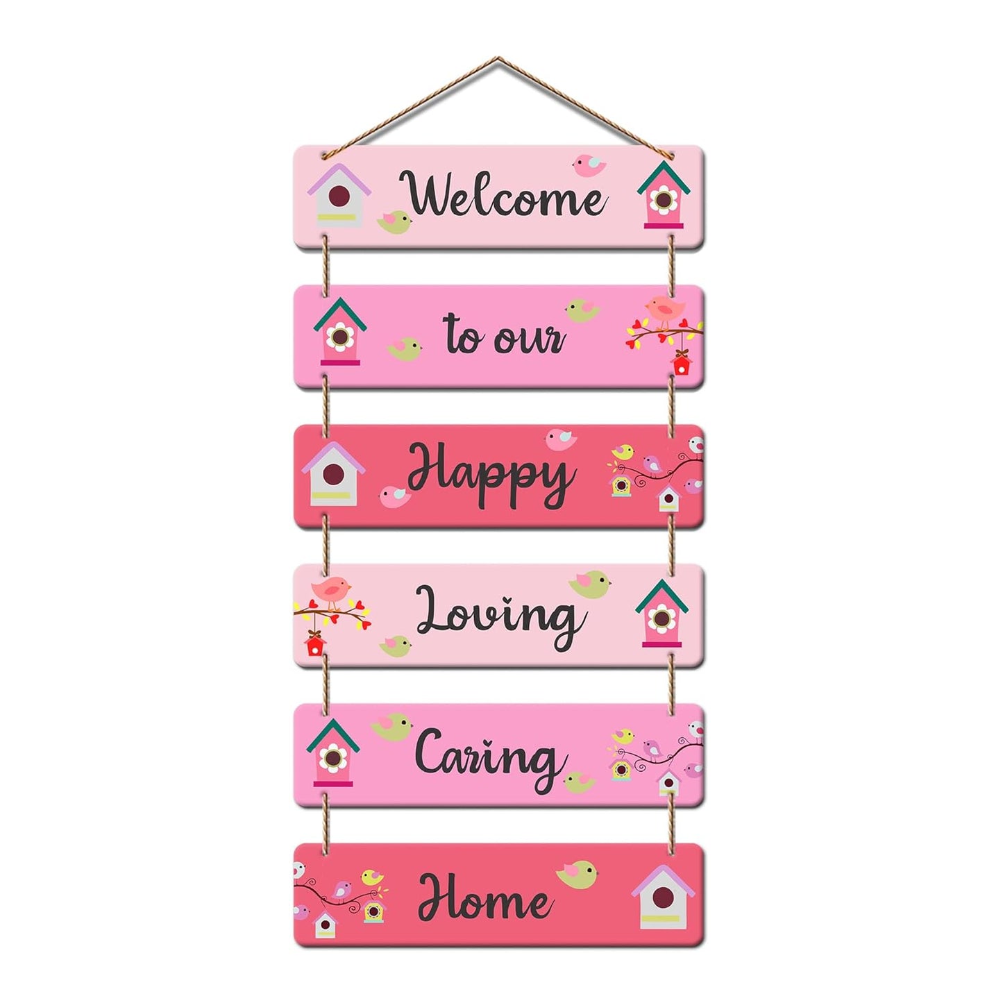 Welcome to Our Happy Loving Caring Home Wooden Wall Hanging | Decorative Quote Signboard | Wall Art for Entryway | Positive Vibes Home Decor for Living Room & Family Decoration (DWA_3264)