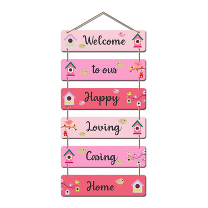 Welcome to Our Happy Loving Caring Home Wooden Wall Hanging | Decorative Quote Signboard | Wall Art for Entryway | Positive Vibes Home Decor for Living Room & Family Decoration (DWA_3264)