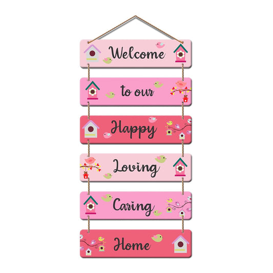 Welcome to Our Happy Loving Caring Home Wooden Wall Hanging | Decorative Quote Signboard | Wall Art for Entryway | Positive Vibes Home Decor for Living Room & Family Decoration (DWA_3264)