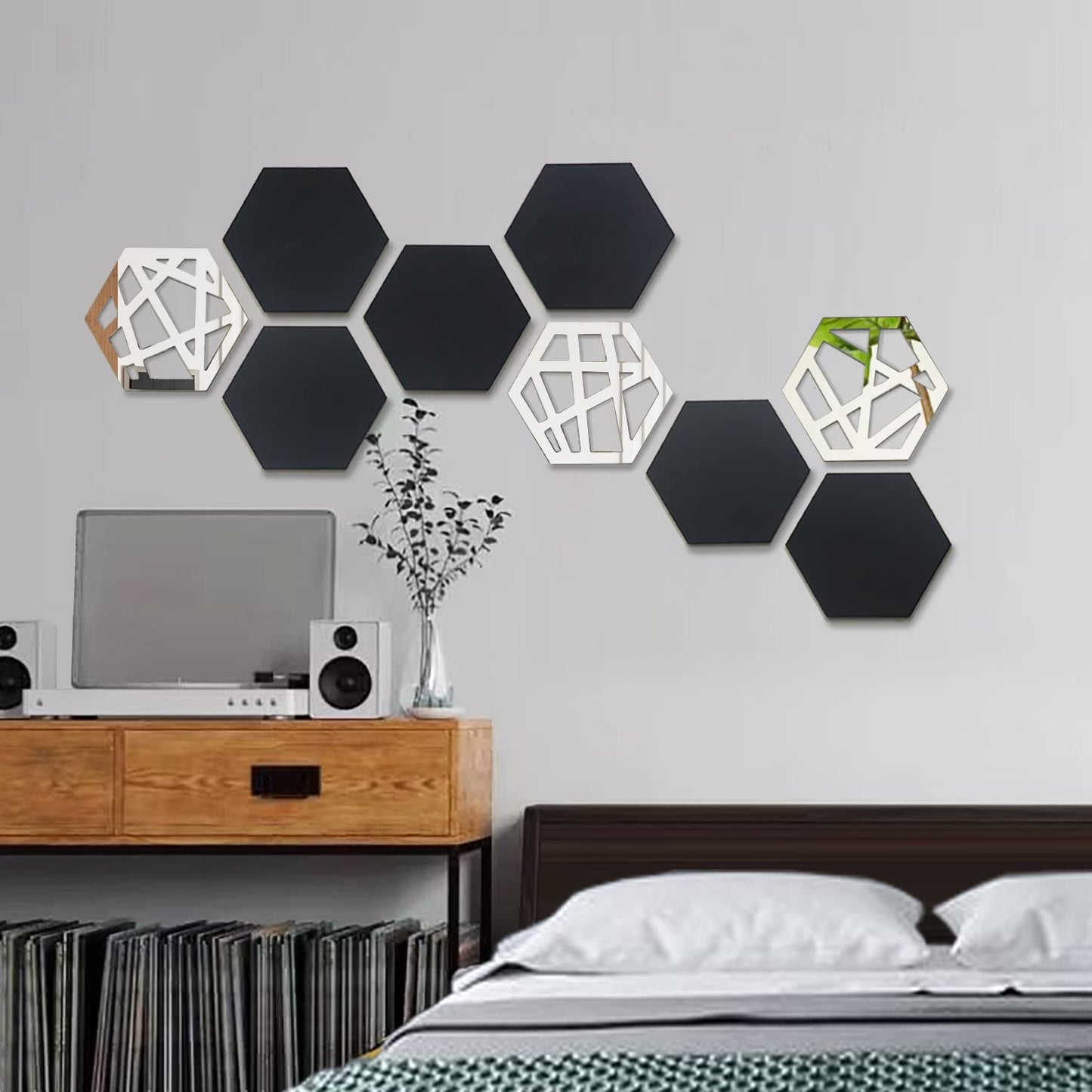 9PCS Mid-Century Modern Acrylic Black Wall Art ? No Real Mirror, Bohemian Aesthetic Hexagon Wall Panels for Bedroom & Living Room Decor