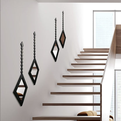 4PCS Mid-Century Modern Acrylic Black Wall Art ? Bohemian Aesthetic Wall Panels for Bedroom & Living Room Decor (Not a Real Mirror, Diamond Earrings Design)