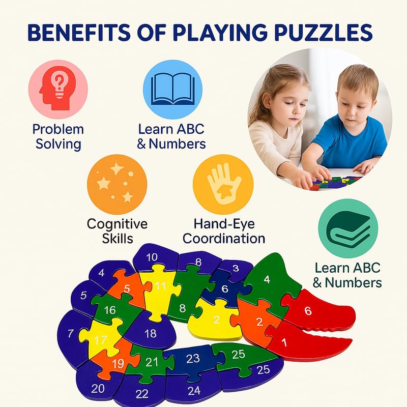 Wooden Crocodile Alphabet and Number Puzzle for Kids, Learning Toy, Crocodile Montessori ABC Educational Alphabet and Number Jigsaw for Toddlers