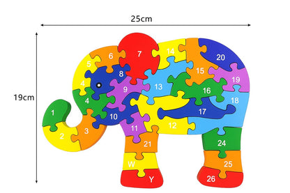 Wooden Elephant Number and Alphabet Puzzle for Kids, Learning Toy, Elephant Montessori ABC Educational Number and Alphabet Jigsaw for Toddlers