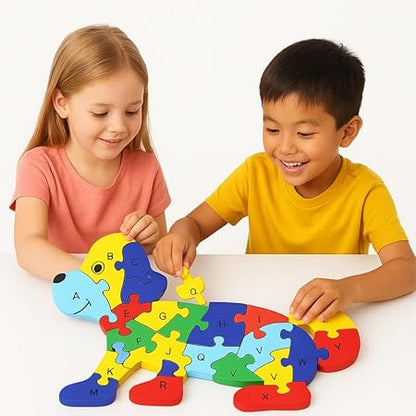 Wooden Dog Alphabet and Number Puzzle for Kids, Learning Toy, Dog Montessori ABC Educational Alphabet and Number Jigsaw for Toddlers