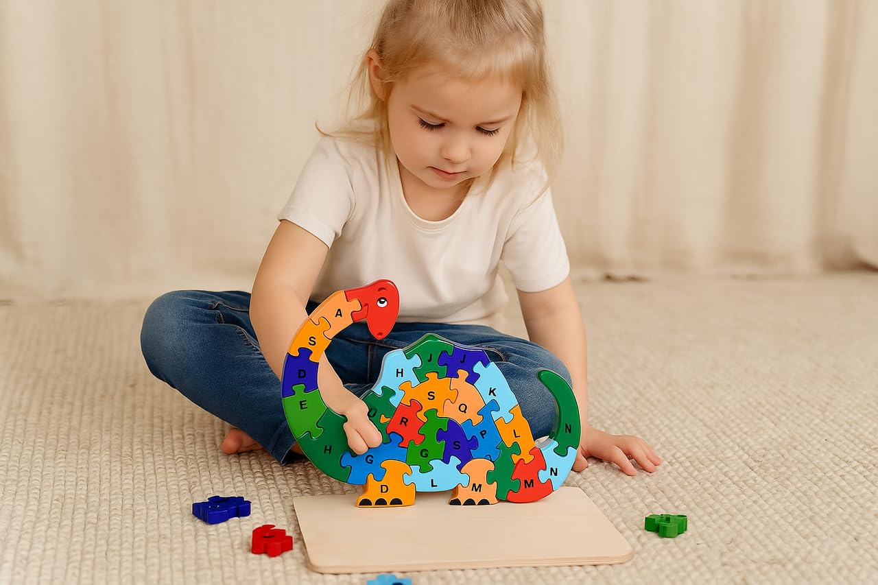Wooden Dinasore Alphabet and Number Puzzle for Kids, Learning Toy, Dinasore Montessori ABC Educational Alphabet and Number Jigsaw for Toddlers