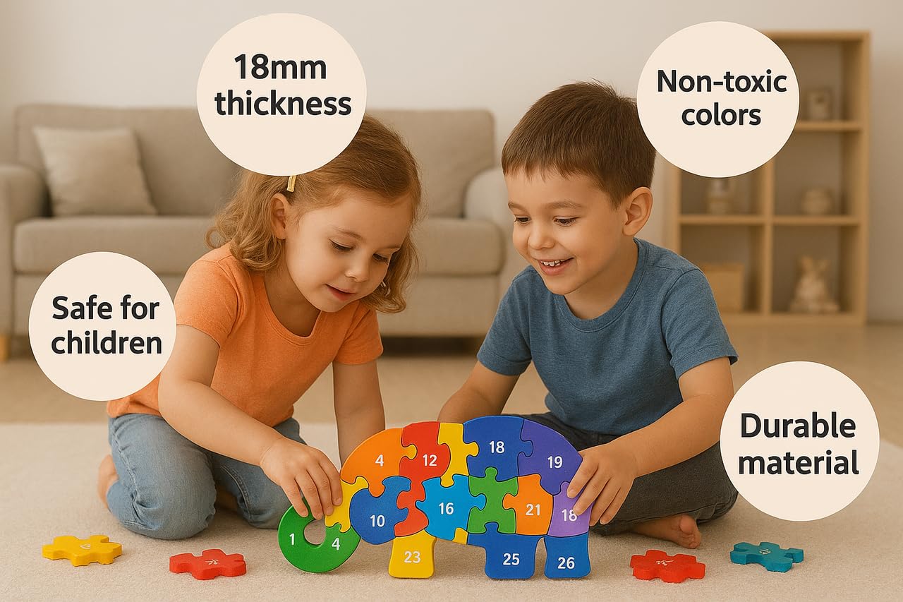 Wooden Elephant Number and Alphabet Puzzle for Kids, Learning Toy, Elephant Montessori ABC Educational Number and Alphabet Jigsaw for Toddlers