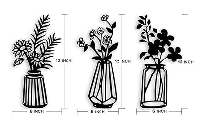 ROOT KRAFT 3 Pieces Black Wooden Flowers Wall Decor