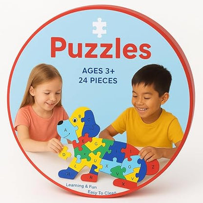 Wooden Dog Alphabet and Number Puzzle for Kids, Learning Toy, Dog Montessori ABC Educational Alphabet and Number Jigsaw for Toddlers