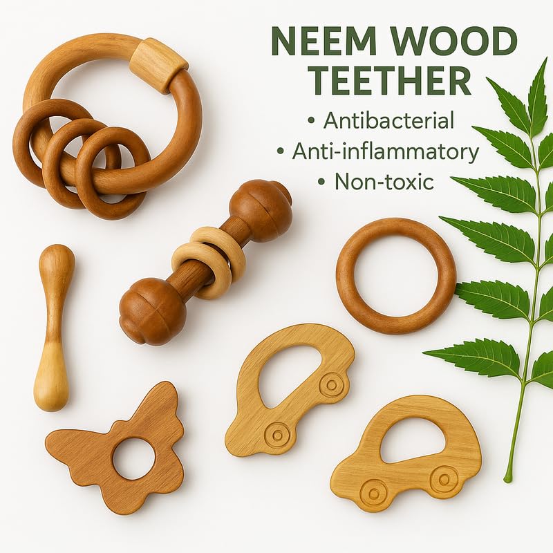 Organic Neem Wood 6 Shape Teether Combo for Baby - 1 Ring, 1 Dumbbell, 2 Rattle, 1 Butterfly, 1 Car - Safe Natural Teething Toys