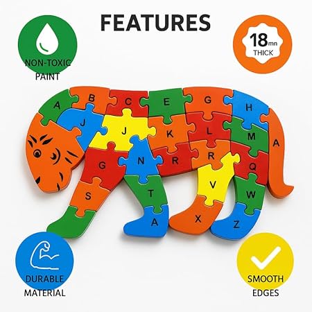 Wooden Tiger Puzzle for Kids, Learning Toy, Tiger Montessori ABC Educational Alphabet and Number Jigsaw for Toddlers