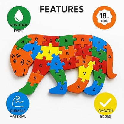 Wooden Tiger Puzzle for Kids, Learning Toy, Tiger Montessori ABC Educational Alphabet and Number Jigsaw for Toddlers