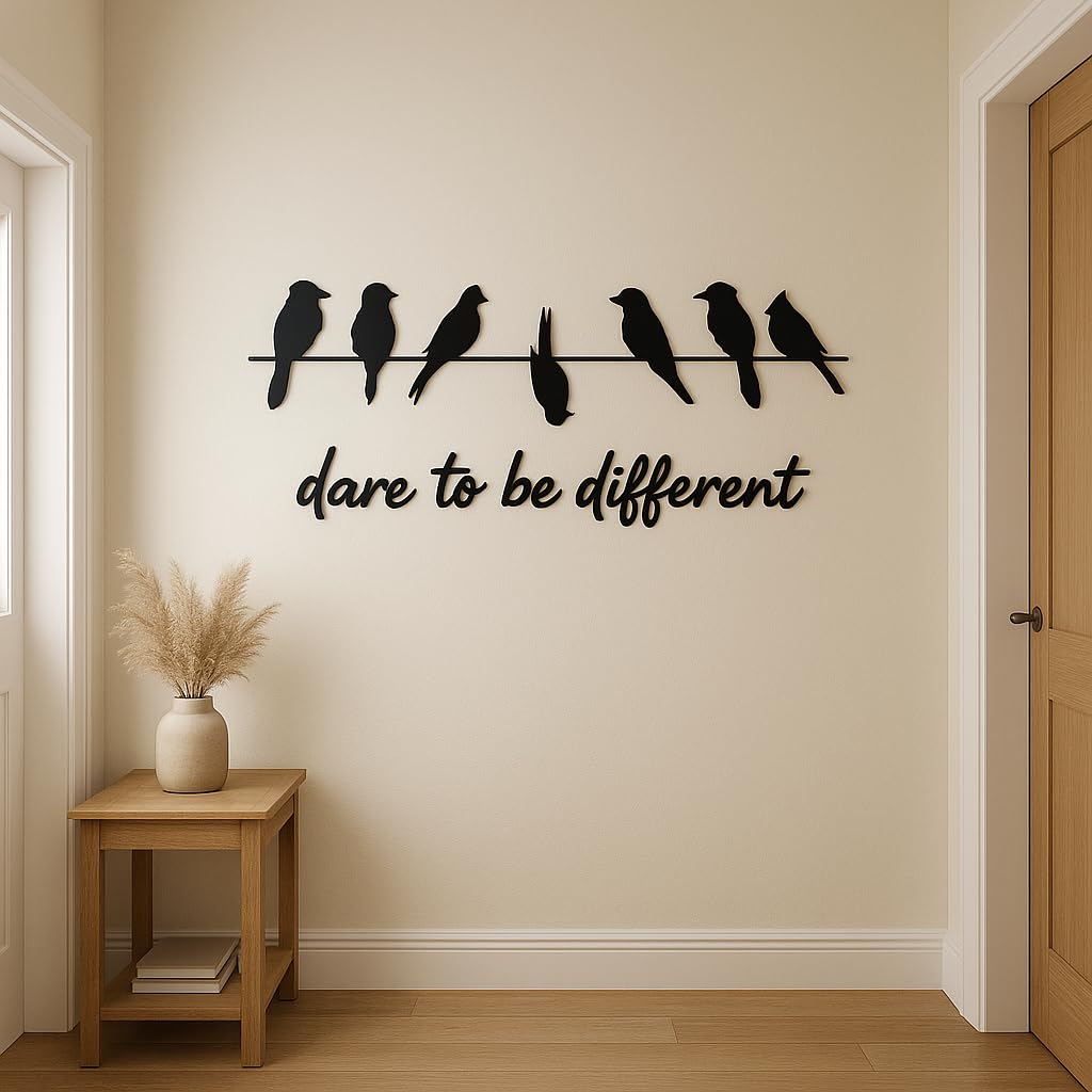 "Dare to Be Different" Wooden Wall Décor – 4mm Black MDF Cutout (Birds on Wire + Script Text) – Motivational Wall Art for Living Room, Bedroom, Office – Easy Installation with Double-Sided Tape