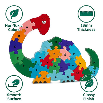 Wooden Dinasore Alphabet and Number Puzzle for Kids, Learning Toy, Dinasore Montessori ABC Educational Alphabet and Number Jigsaw for Toddlers