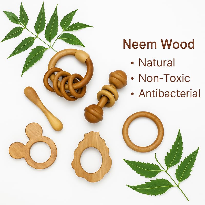 Organic Neem Wood 6 Shape Teether Combo for Baby - 1 Ring, 1 Dumbbell, 2 Rattle, 1 Mickey, 1 Grapes - Safe Natural Teething Toys