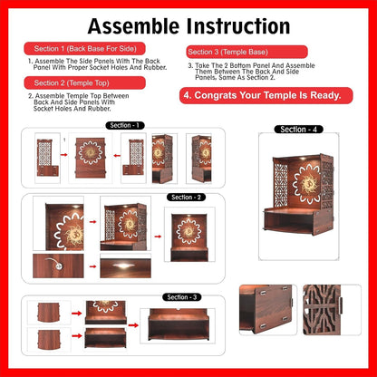 Wooden Temple for Home | Pooja Mandir with LED Light, Drawer & Shelves | Wall Mounted or Tabletop Mandir with OM Logo (DIY - H-15 x L-12 x W-10.5 Inch)