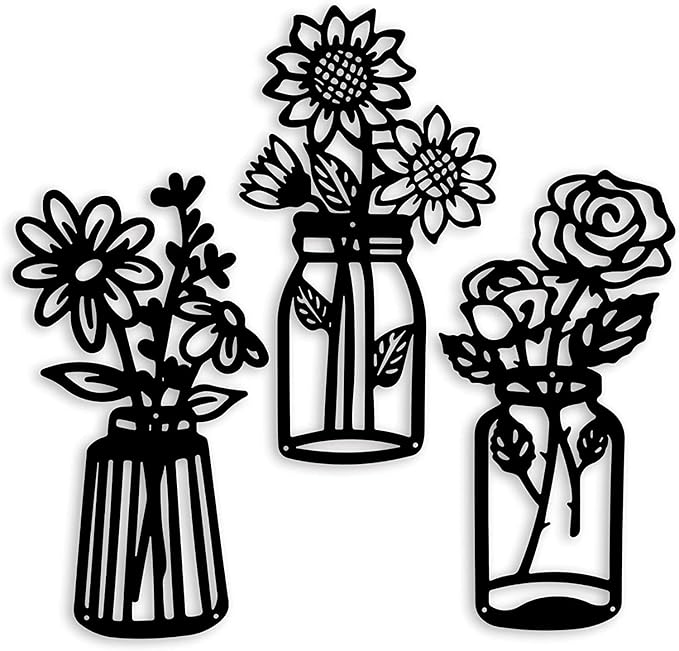 ROOT KRAFT 3 Pieces Black Wooden Flowers Wall Decor
