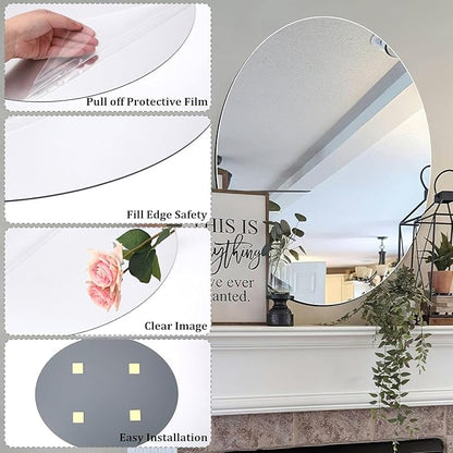 Self-Adhesive Acrylic Mirror Tiles, Flexible Plastic, Frameless, 2.5mm Thick Wall Stickers for Home Décor, DIY Craft, and Bedroom Wall Decoration (Pack of 1 Oval, 12 x 16 Inches)