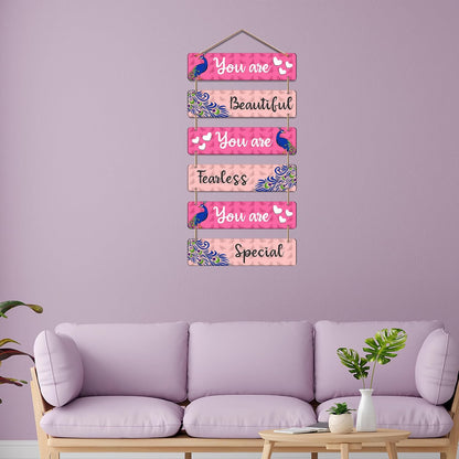 Inspirational Wooden Wall Hanging for Girls | You Are Beautiful Fearless Special Quote Decorative Art | Peacock Theme Wall Decor for Room | Self Love | Gift | Decoration (DWA_3281)