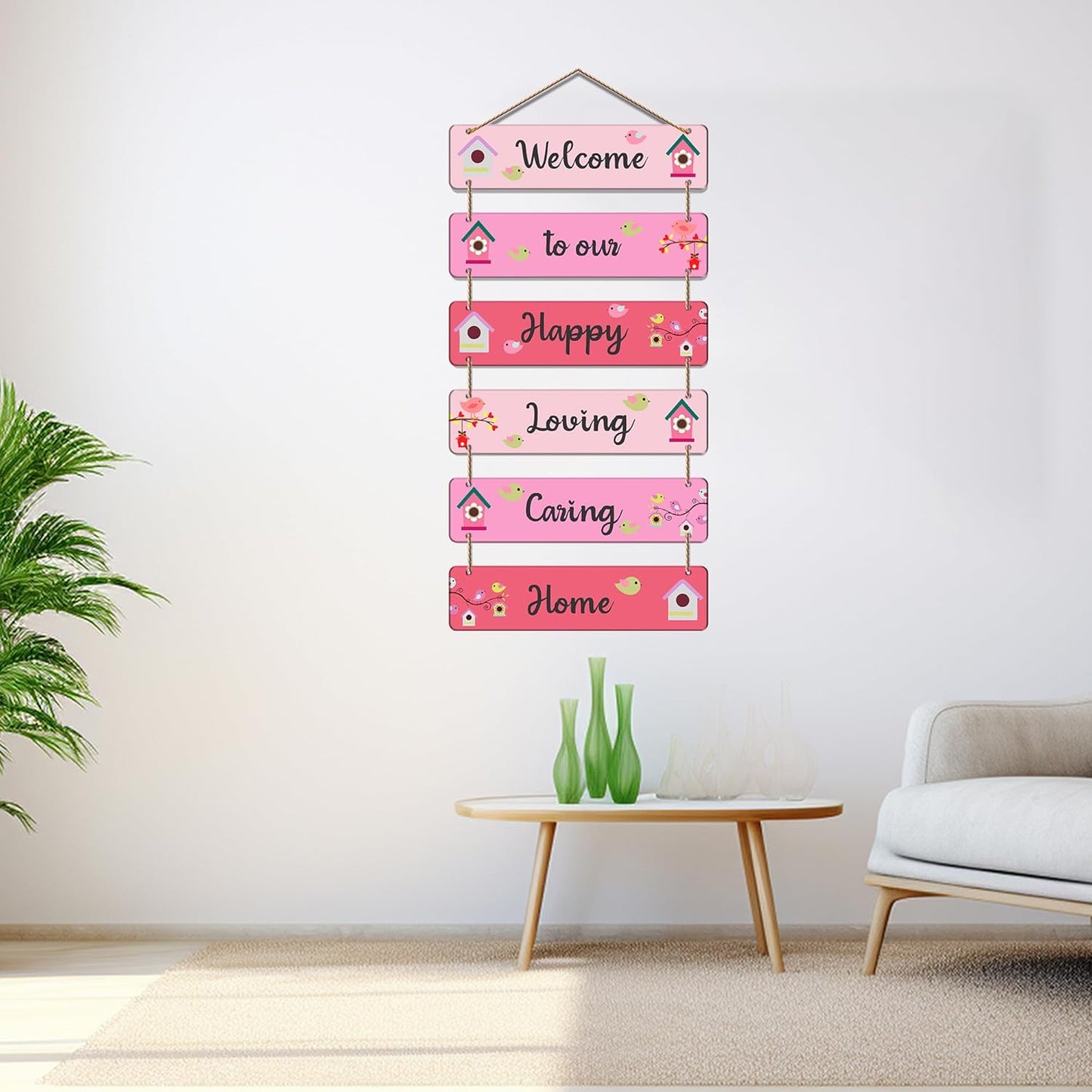 Welcome to Our Happy Loving Caring Home Wooden Wall Hanging | Decorative Quote Signboard | Wall Art for Entryway | Positive Vibes Home Decor for Living Room & Family Decoration (DWA_3264)
