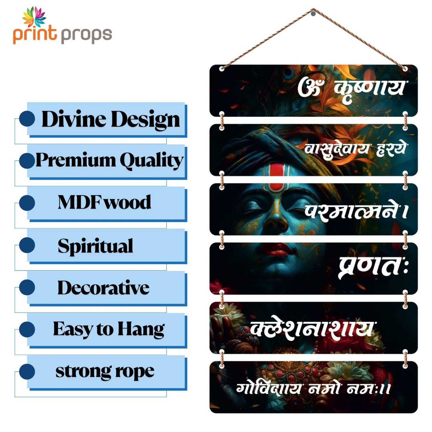 Lord Krishna Wall Hanging Wooden Plaque – Sanskrit Mantra Decorative Wall Art for Home & Temple | Vasudevaya Haraye Shree Krishna Wall Décor | Spiritual Wall Hanging Gift for Puja Room”