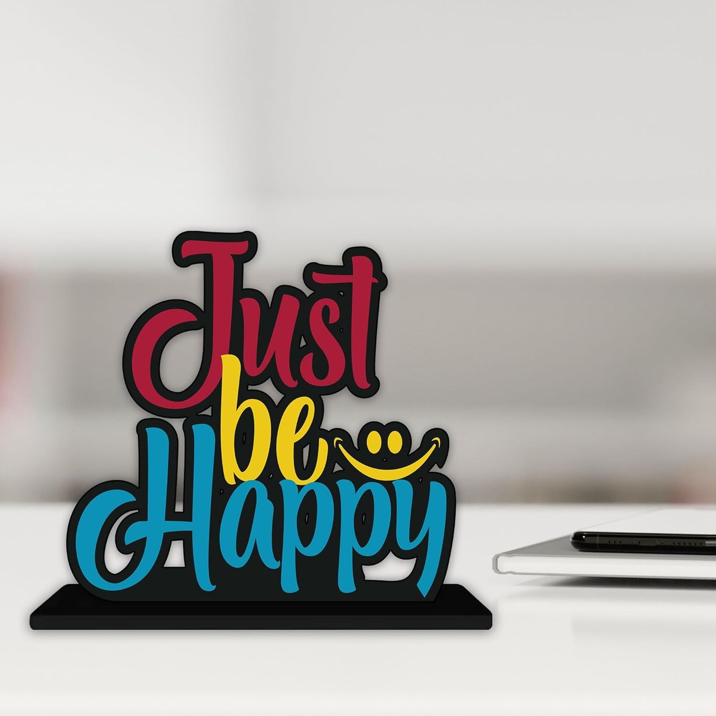 Wooden Idols and Figurine Just Be Happy Quotes Table Decor for Office Desk Showpiece | Home Decoration Item | Living Room | Modern Gifting Items (SP_1153)