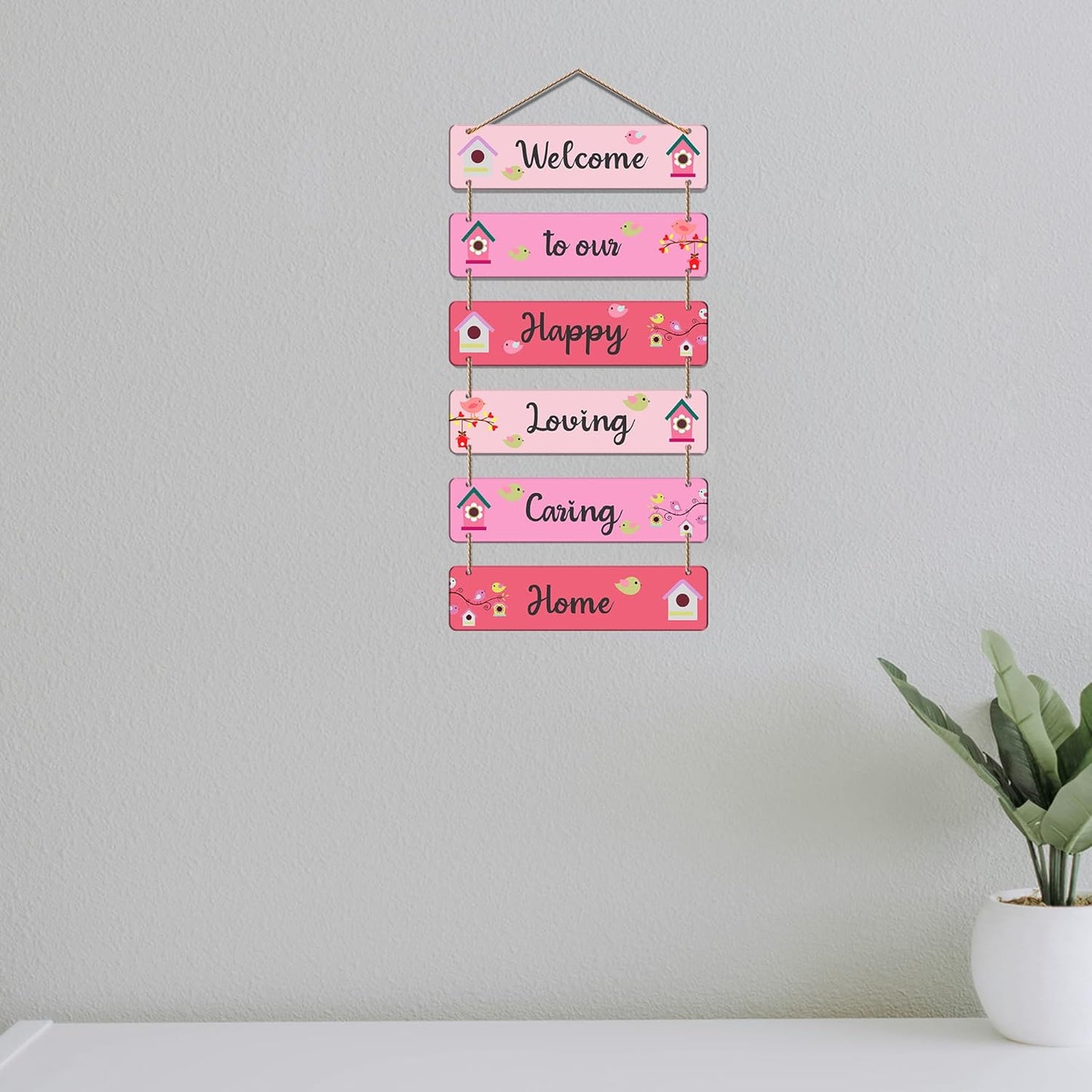 Welcome to Our Happy Loving Caring Home Wooden Wall Hanging | Decorative Quote Signboard | Wall Art for Entryway | Positive Vibes Home Decor for Living Room & Family Decoration (DWA_3264)