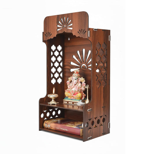 Wooden Temple for Home | Pooja Mandir with LED Light, Storage Shelf & Decorative Back Panel | Wall Mounted or Tabletop Mandir for Pooja Room (H-21 x L-11 x W-7 Inch)