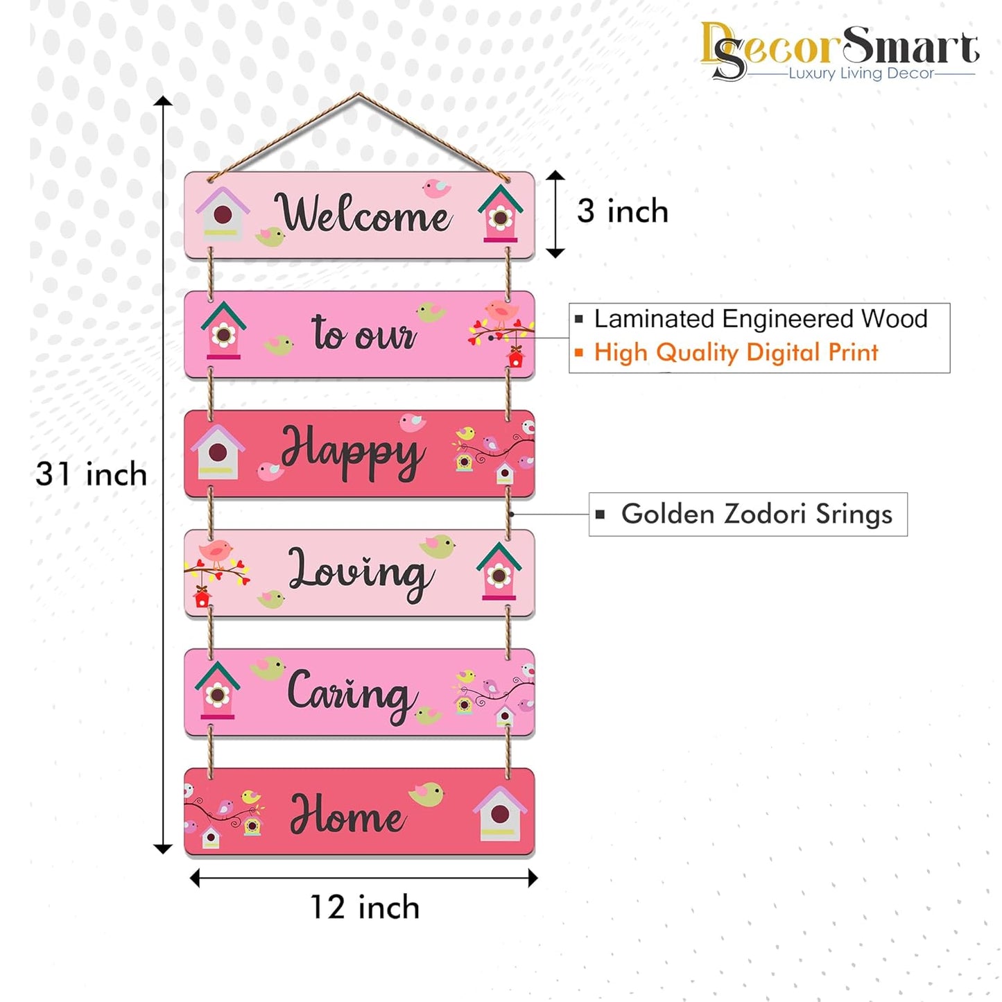 Welcome to Our Happy Loving Caring Home Wooden Wall Hanging | Decorative Quote Signboard | Wall Art for Entryway | Positive Vibes Home Decor for Living Room & Family Decoration (DWA_3264)