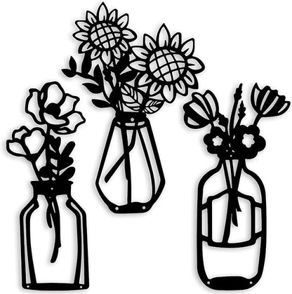 ROOT KRAFT 3 Pieces Black Wooden Flowers Wall Decor