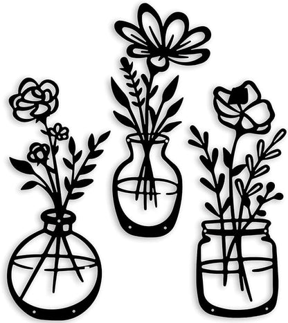 ROOT KRAFT 3 Pieces Black Wooden Flowers Wall Decor
