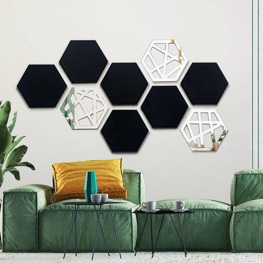 9PCS Mid-Century Modern Acrylic Black Wall Art ? No Real Mirror, Bohemian Aesthetic Hexagon Wall Panels for Bedroom & Living Room Decor