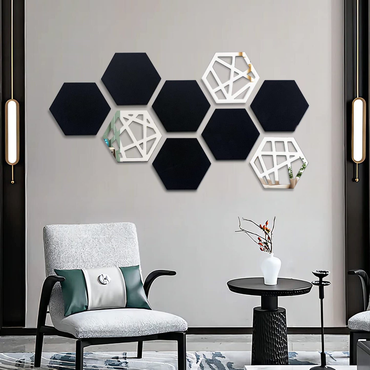 9PCS Mid-Century Modern Acrylic Black Wall Art ? No Real Mirror, Bohemian Aesthetic Hexagon Wall Panels for Bedroom & Living Room Decor