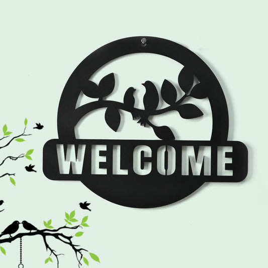 Welcome Sign for Home Entrance | Bird Wall Hanging Décor | GKD Laser Cut Welcome Board for Living Room, Office & Café (Black)
