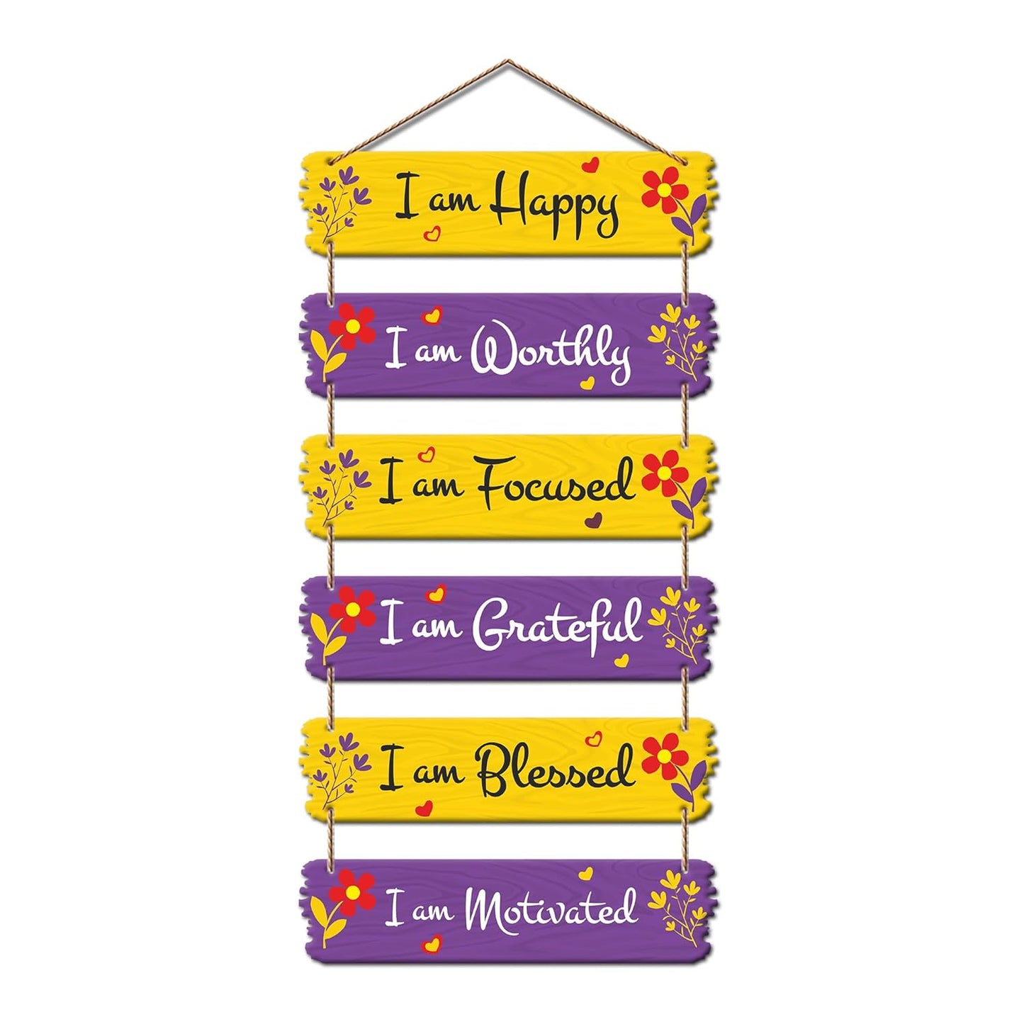 I Am Happy Worthy Focused Grateful Blessed Motivated Wooden Wall Hanging | Inspirational Quote Hanging Wall Decor | MDF Decorative Sign for Home Positivity & Room Decoration (DWA_7403)