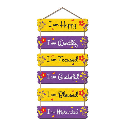I Am Happy Worthy Focused Grateful Blessed Motivated Wooden Wall Hanging | Inspirational Quote Hanging Wall Decor | MDF Decorative Sign for Home Positivity & Room Decoration (DWA_7403)