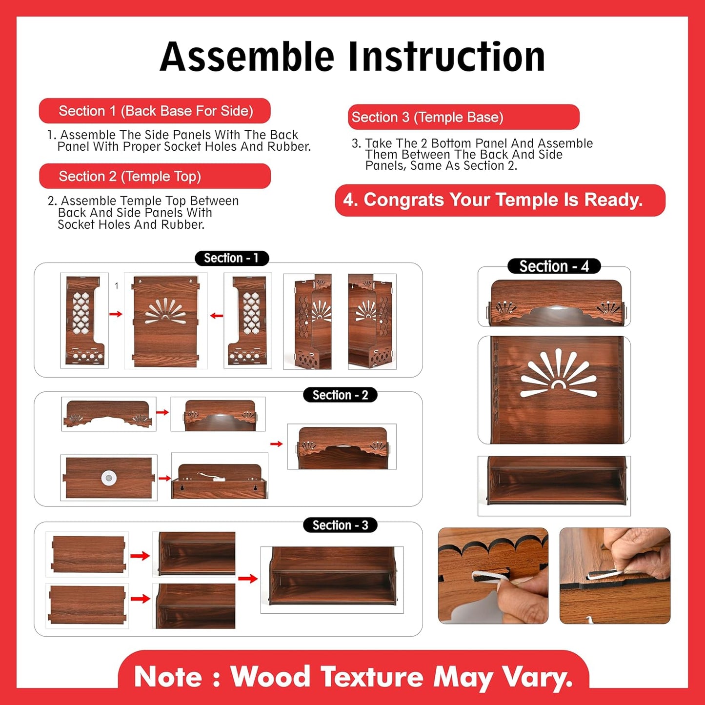 Wooden Temple for Home | Pooja Mandir with LED Light, Storage Shelf & Decorative Back Panel | Wall Mounted or Tabletop Mandir for Pooja Room (H-21 x L-11 x W-7 Inch)