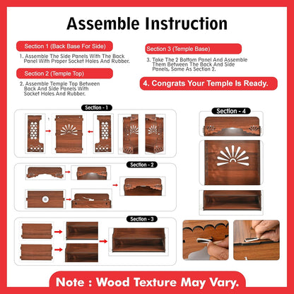 Wooden Temple for Home | Pooja Mandir with LED Light, Storage Shelf & Decorative Back Panel | Wall Mounted or Tabletop Mandir for Pooja Room (H-21 x L-11 x W-7 Inch)