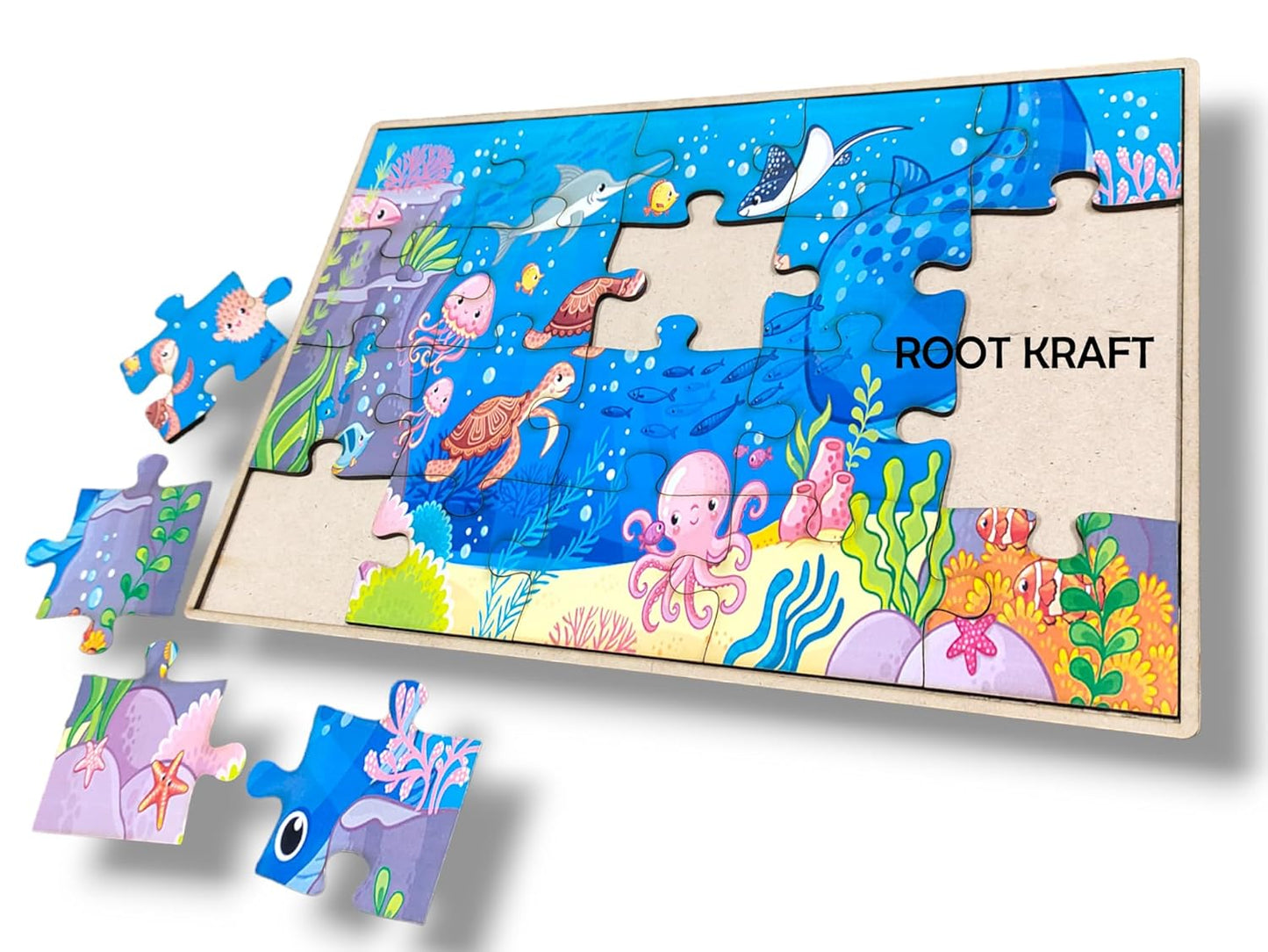 ROOT KRAFT Wooden Jigsaw Animal Puzzle Board for Kids 7-10 Years Old (Sea Animals)