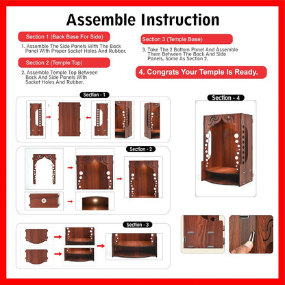 Wooden Temple for Home Wall Mounted | LED Light Compact Pooja Mandir for Office, Flat, Living Room | Minimal Design Pooja Stand (DIY- H-16 x L-10 x W-7 Inch) (Modern Glow)