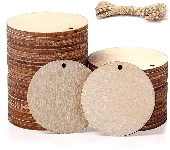 50pcs 1.97" Wooden Slices Circle Round-Shaped Blank Name Tags Wine Tag Have Hole Unfinished Wood Cutout Labels Art Craft Pieces for Wedding Party Birthday Child DIY Projects Card Making