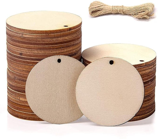 50pcs 1.97" Wooden Slices Circle Round-Shaped Blank Name Tags Wine Tag Have Hole Unfinished Wood Cutout Labels Art Craft Pieces for Wedding Party Birthday Child DIY Projects Card Making