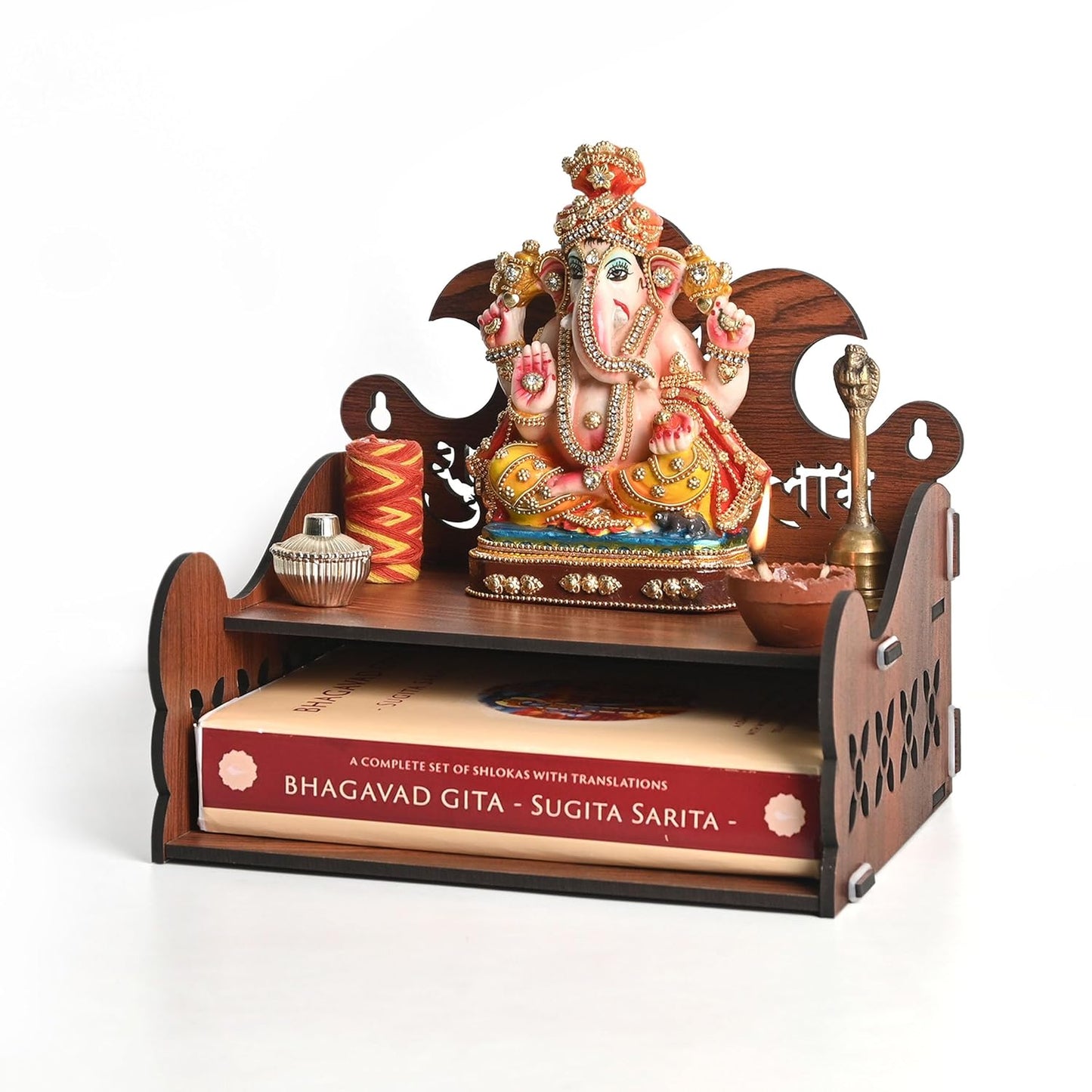 Wooden Small Mandir for Home | Shubh Labh with Kalash Carving & Utility Shelf | Small Pooja Temple for Table, Wall, or Shelf | DIY Wooden Pooja Mandir | 8x8x8.5 Inch