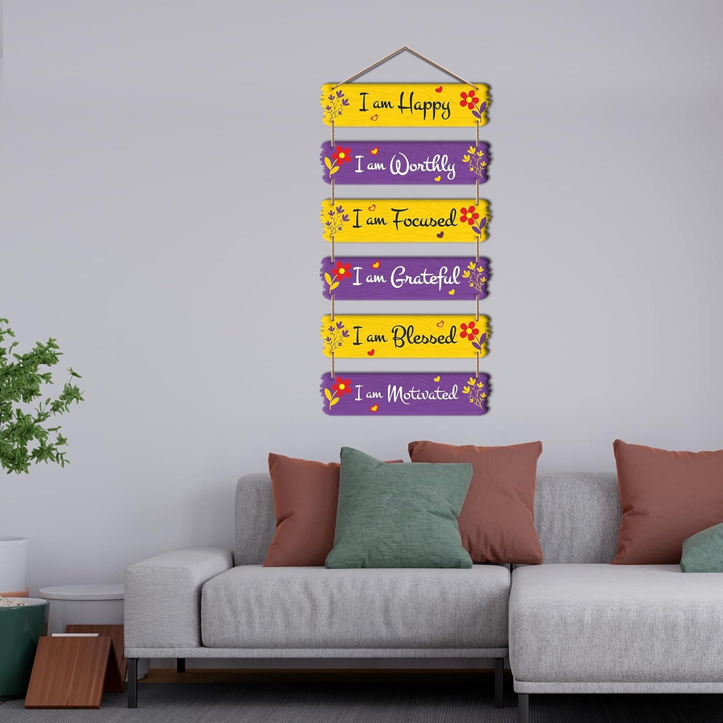 I Am Happy Worthy Focused Grateful Blessed Motivated Wooden Wall Hanging | Inspirational Quote Hanging Wall Decor | MDF Decorative Sign for Home Positivity & Room Decoration (DWA_7403)