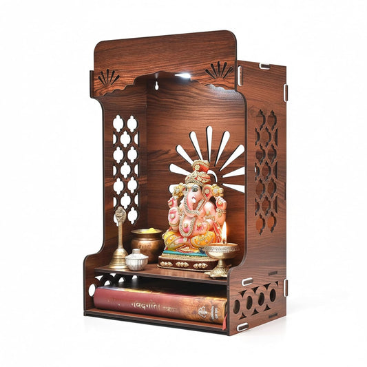 Wooden Temple for Home | Premium Design Pooja Mandir for Home, Office, Shop with Storage, Can be Used as Pooja Stand for Wall Mounted with LED Spot Light (DIY)(16x10 inch)