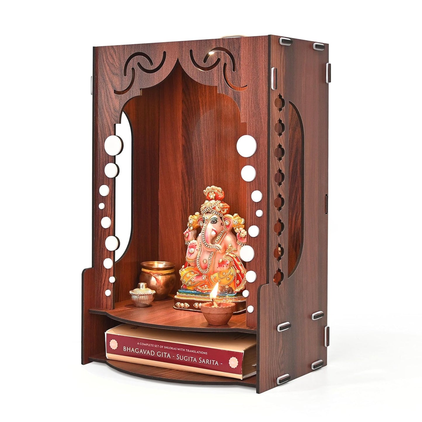 Wooden Temple for Home Wall Mounted | LED Light Compact Pooja Mandir for Office, Flat, Living Room | Minimal Design Pooja Stand (DIY- H-16 x L-10 x W-7 Inch) (Modern Glow)