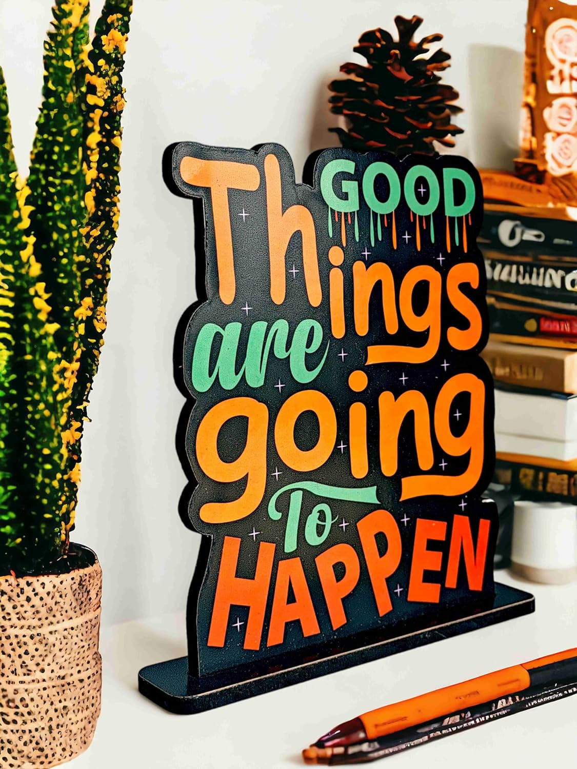 Wooden Idols & Figurine Good Things are Going to Happen Motivational Quote Table Decor for Office Desk,Home Decor Item,Living Room,Bedroom,Modern Art Wood Showpieces Decorative Gift,14cm,15cm