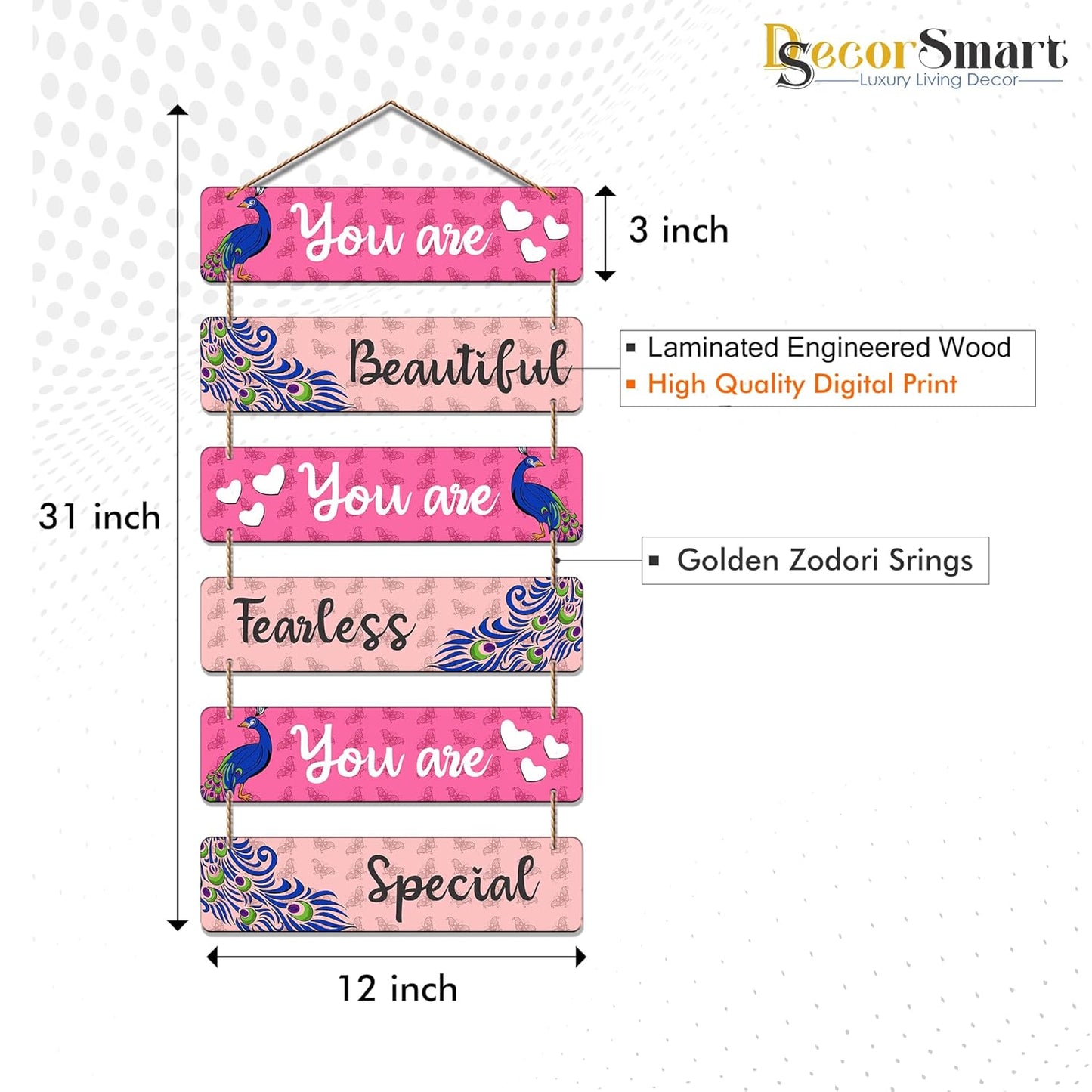 Inspirational Wooden Wall Hanging for Girls | You Are Beautiful Fearless Special Quote Decorative Art | Peacock Theme Wall Decor for Room | Self Love | Gift | Decoration (DWA_3281)