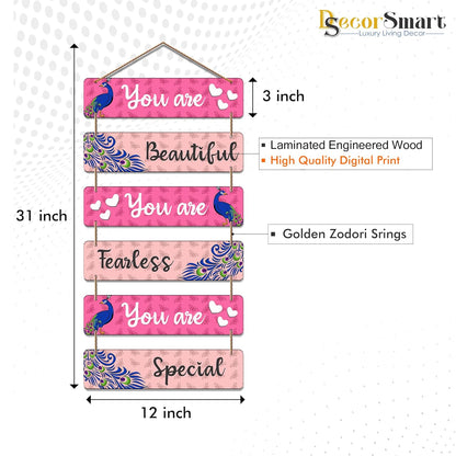 Inspirational Wooden Wall Hanging for Girls | You Are Beautiful Fearless Special Quote Decorative Art | Peacock Theme Wall Decor for Room | Self Love | Gift | Decoration (DWA_3281)