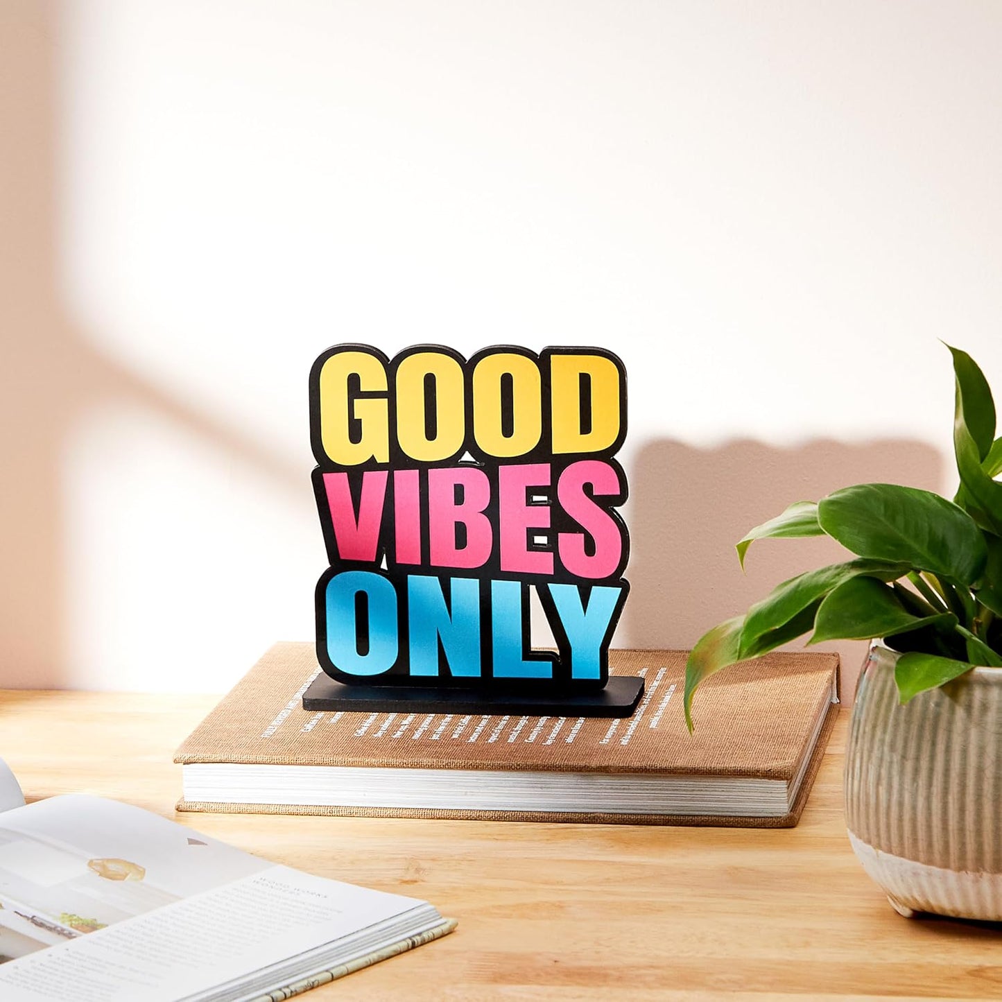 Wooden Study/Office/Home Decor Showpiece|Good Vibes Only, 13.5 cm, 15.5 cm